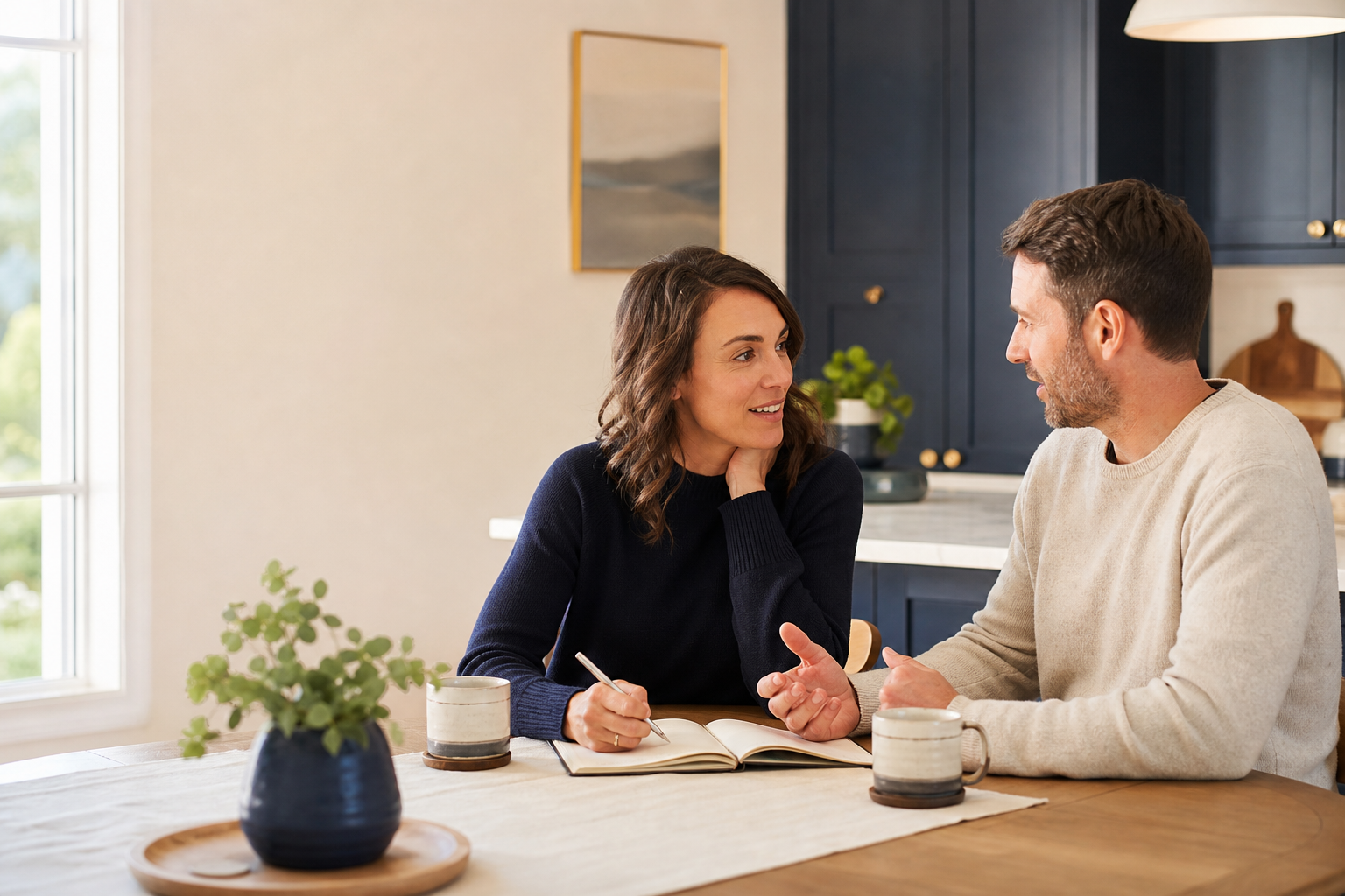 A real-feeling couple re-engaging together, warm and credible