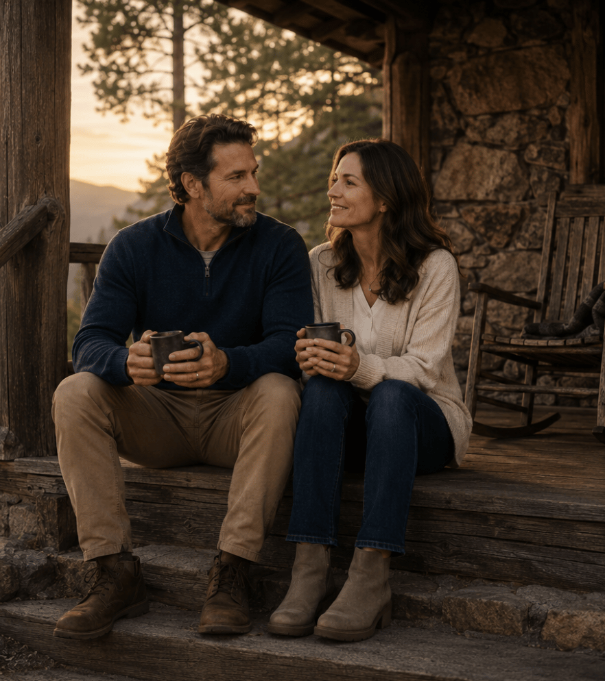 Couple sitting together on a dock at sunset by a mountain lake