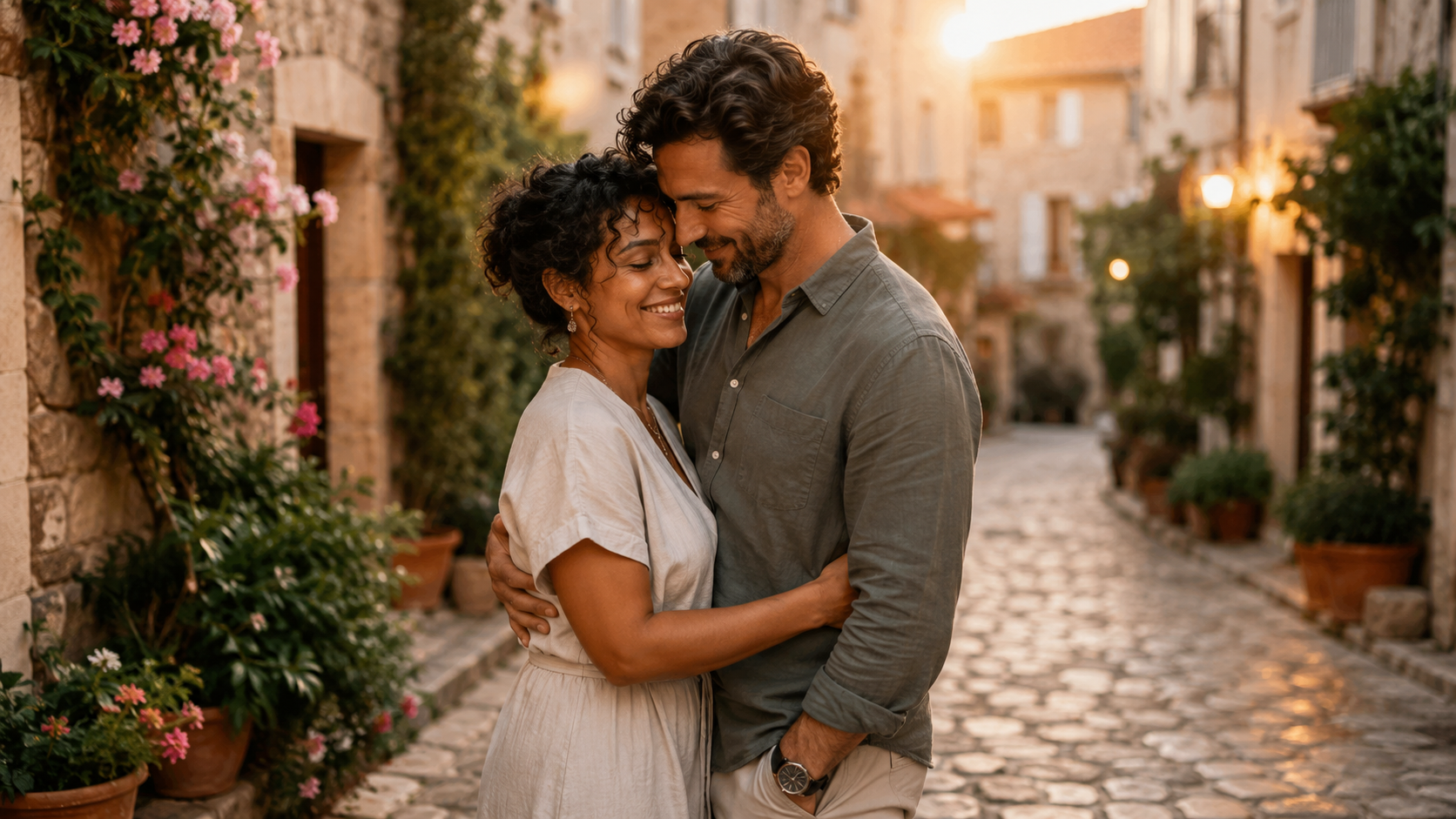Couple embracing on a sun-lit cobblestone street